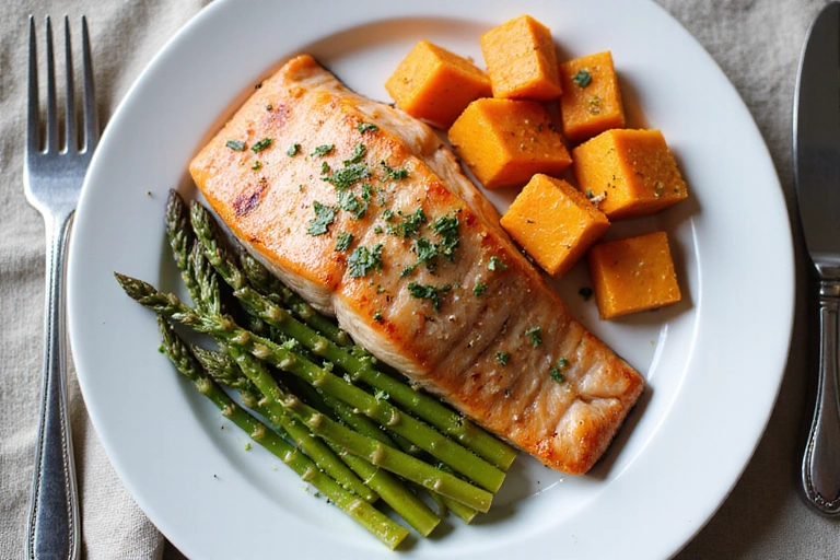An overhead view of a beautifully arranged plate with grilled salmon, roasted asparagus, and sweet potato, representing a healthy dinner.