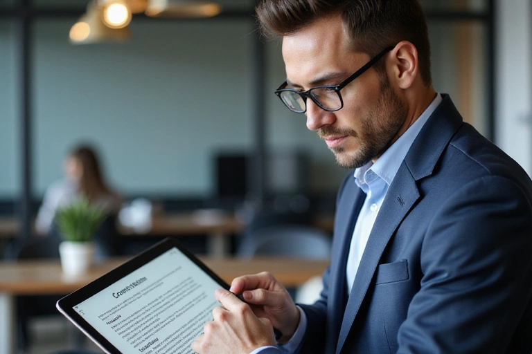 Person reading terms and conditions on a tablet, looking serious and focused.
